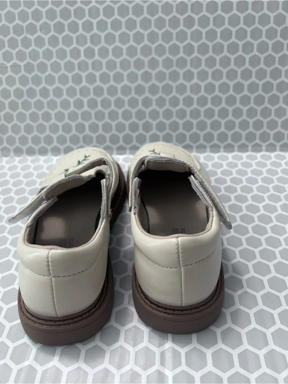 Girls Cream Oxford Shoes with Floral Embroidery & Velcro Straps